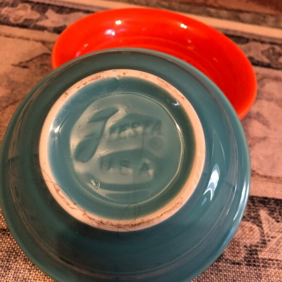 Fiesta USA Ceramic Bowls Set Of 2 Orange & Turquoise 5" Diameter - Picture 3 of 6